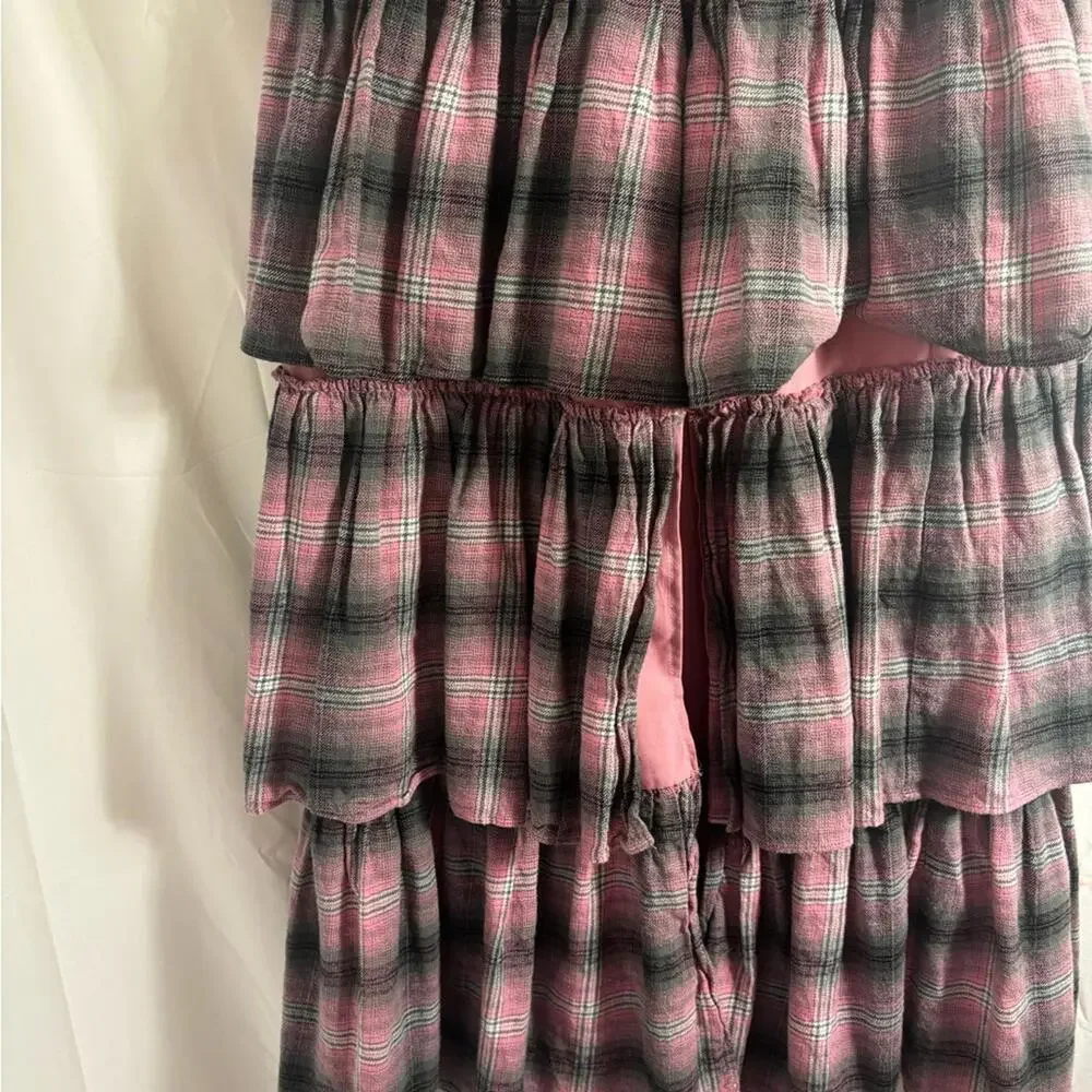 Revolve LIKELY Grey Pink Plaid Ruched Tiered 90’s Babydoll Grunge Midi Skirt M/L